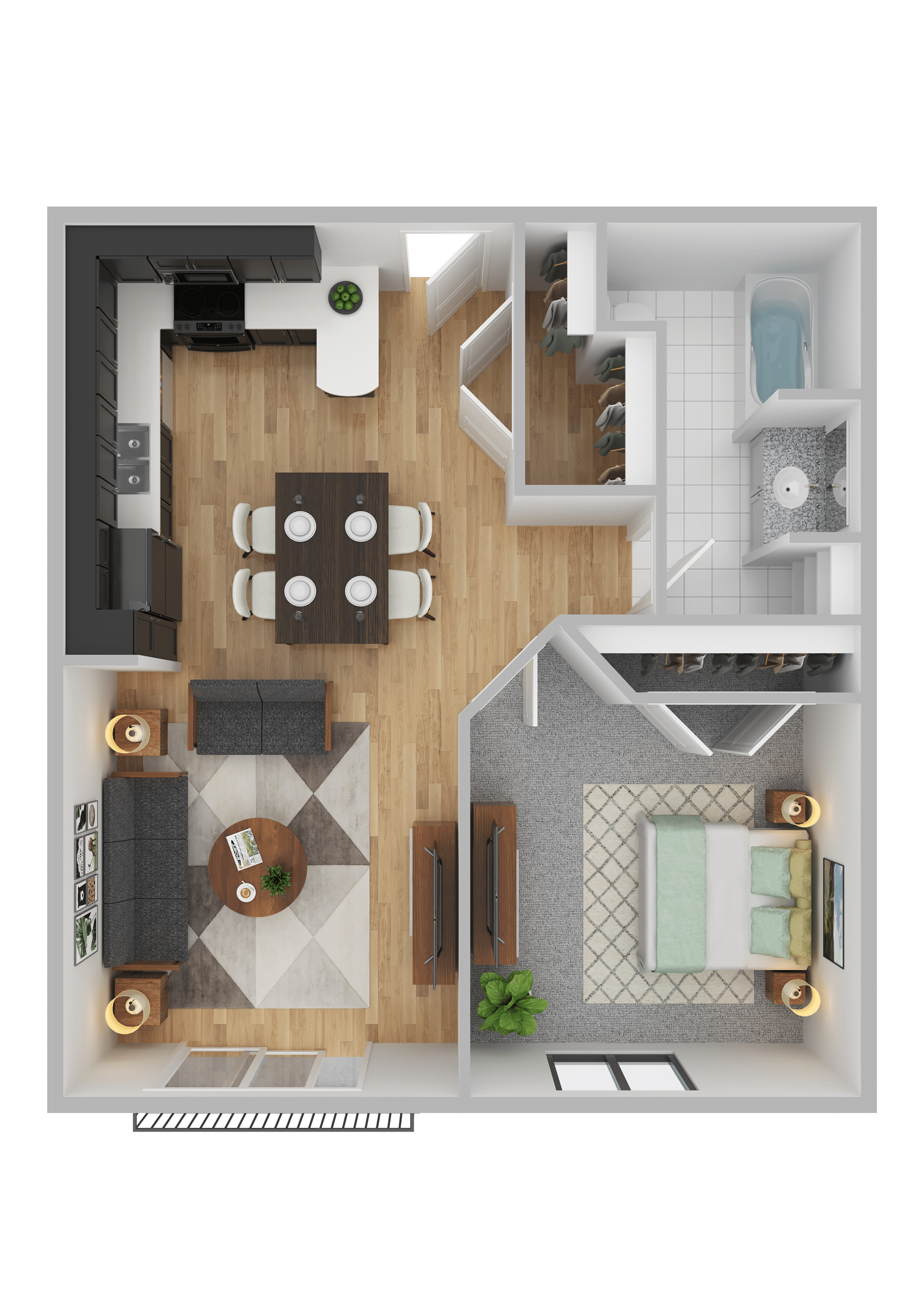 Floor plan for 1 bed, 1 bath, 673 sqft